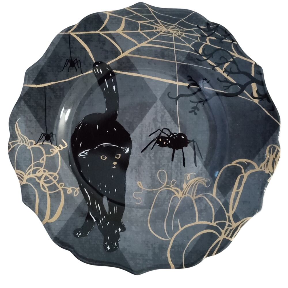 Pair 222 Fifth Halloween Salad Dessert Plates Gold Pumpkins 8.5" NWT